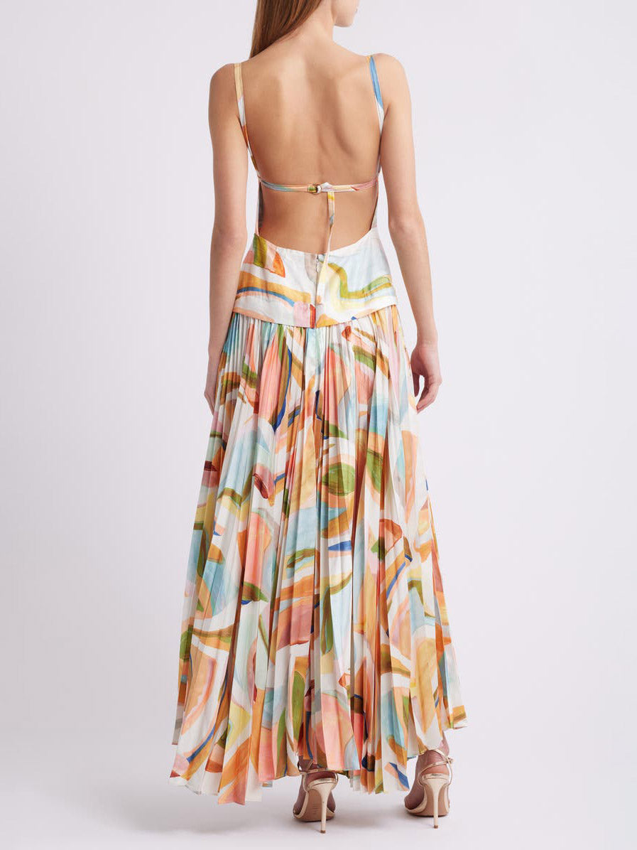 Unique Abstract Print Pleated Maxi Dress with Open Back