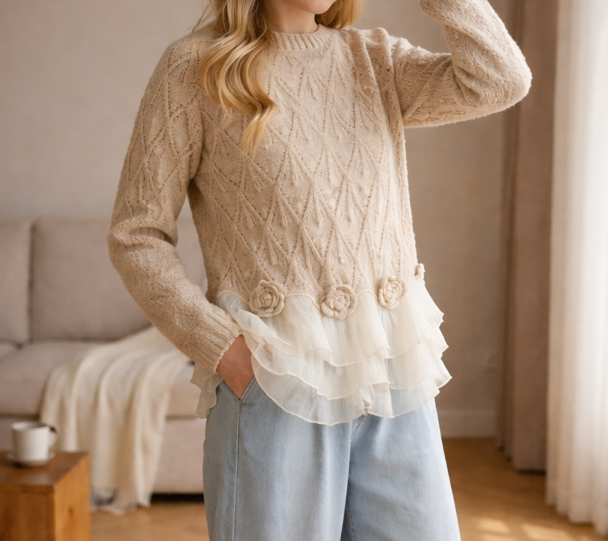 Rhoswen | Women's Elegant Ruffle-Trim Cardigan for Winter
