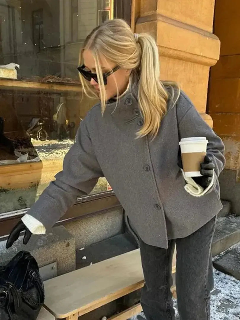 Elegant Wool Jacket with High Stand Collar