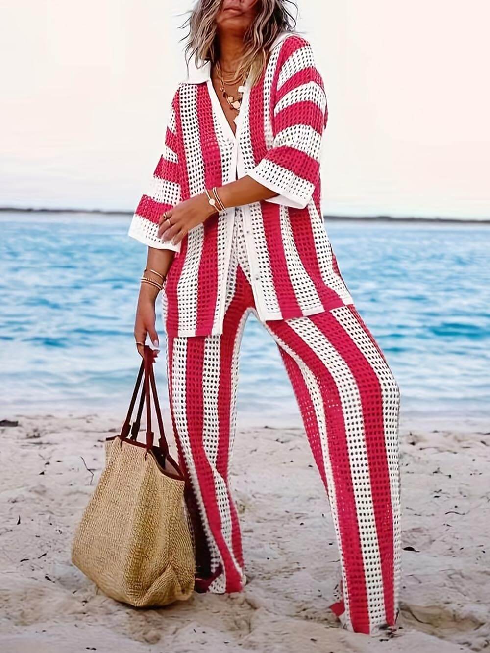 Chic Loose V-Neck Hollow-Out Striped Shirt & Wide-Leg Trousers Set