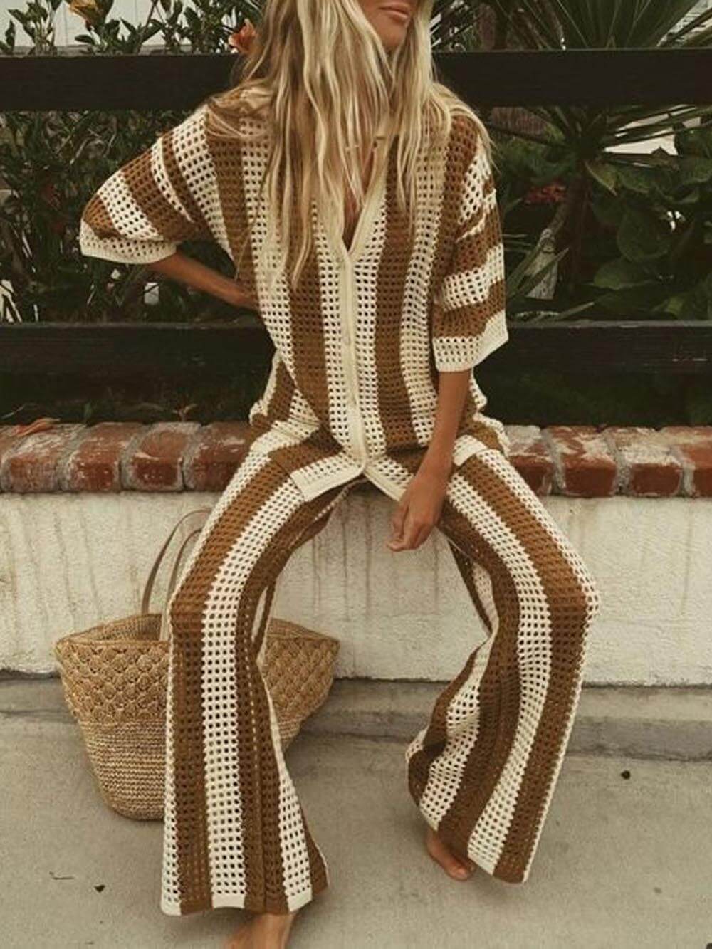 Chic Loose V-Neck Hollow-Out Striped Shirt & Wide-Leg Trousers Set