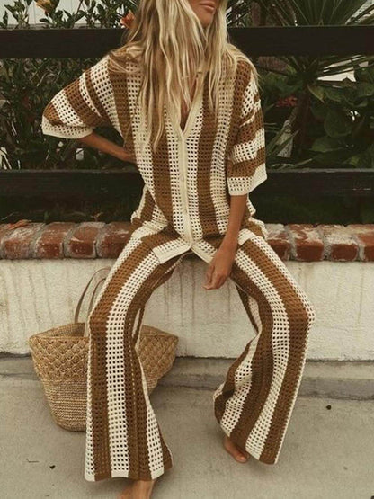 Chic Loose V-Neck Hollow-Out Striped Shirt & Wide-Leg Trousers Set