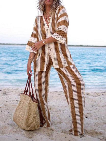 Chic Loose V-Neck Hollow-Out Striped Shirt & Wide-Leg Trousers Set