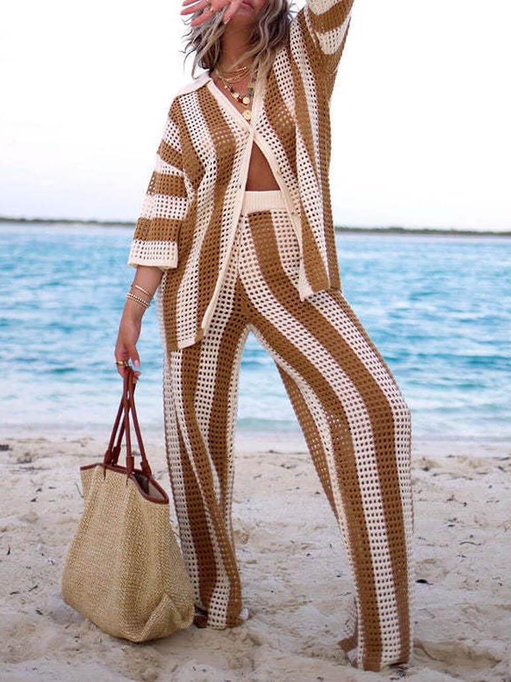 Chic Loose V-Neck Hollow-Out Striped Shirt & Wide-Leg Trousers Set