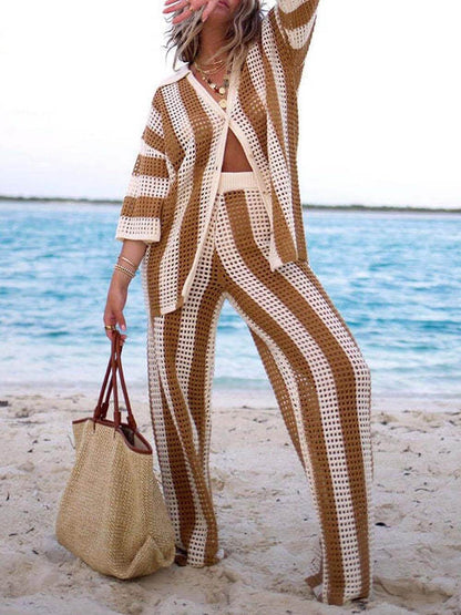 Chic Loose V-Neck Hollow-Out Striped Shirt & Wide-Leg Trousers Set