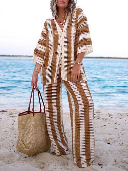 Chic Loose V-Neck Hollow-Out Striped Shirt & Wide-Leg Trousers Set