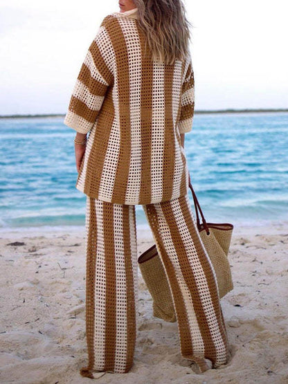 Chic Loose V-Neck Hollow-Out Striped Shirt & Wide-Leg Trousers Set