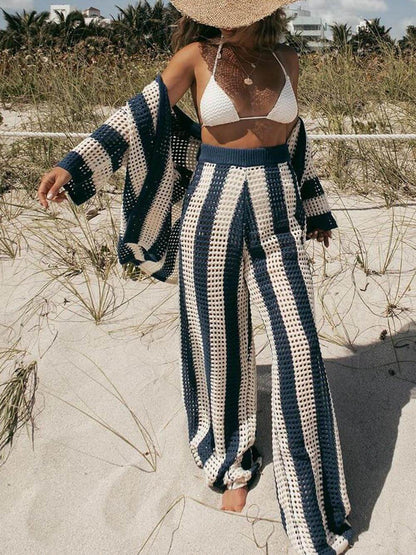 Chic Loose V-Neck Hollow-Out Striped Shirt & Wide-Leg Trousers Set