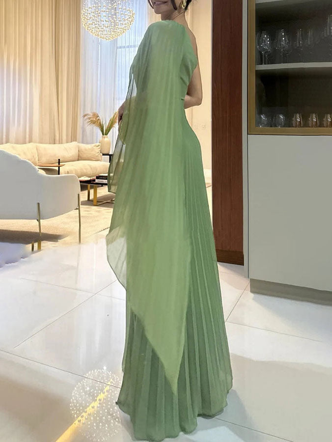 Elegant Pleated Off-the-Shoulder Flowing Maxi Dress