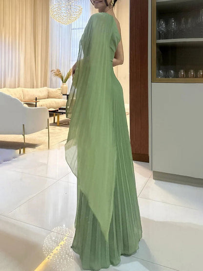 Elegant Pleated Off-the-Shoulder Flowing Maxi Dress