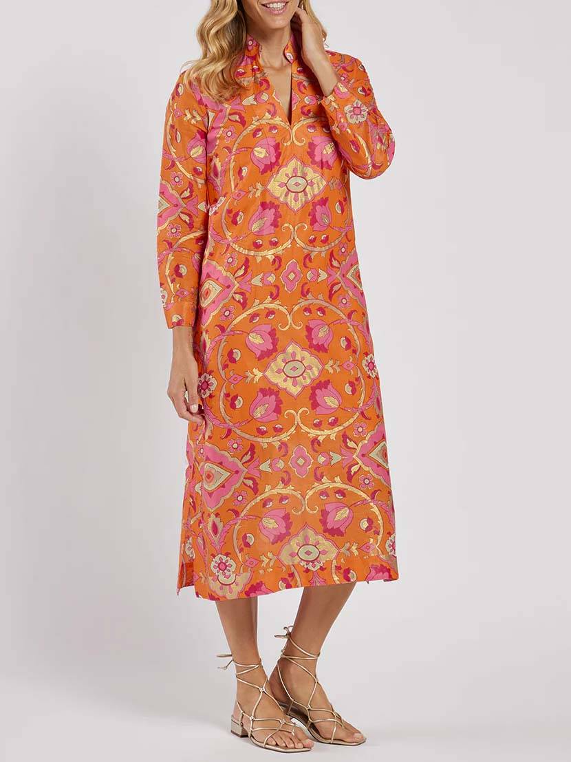 Stand-Collar Printed Midi Dress