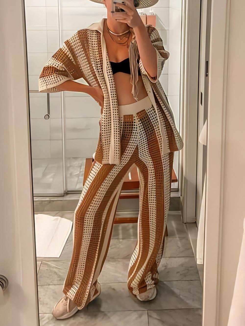Chic Loose V-Neck Hollow-Out Striped Shirt & Wide-Leg Trousers Set