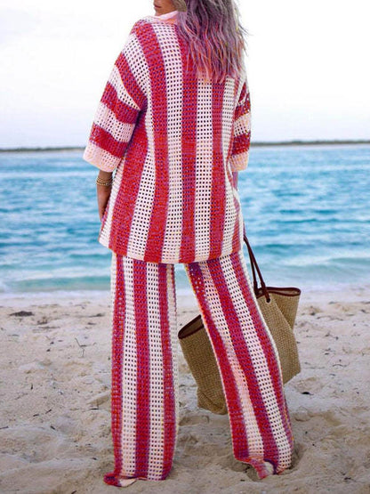Chic Loose V-Neck Hollow-Out Striped Shirt & Wide-Leg Trousers Set