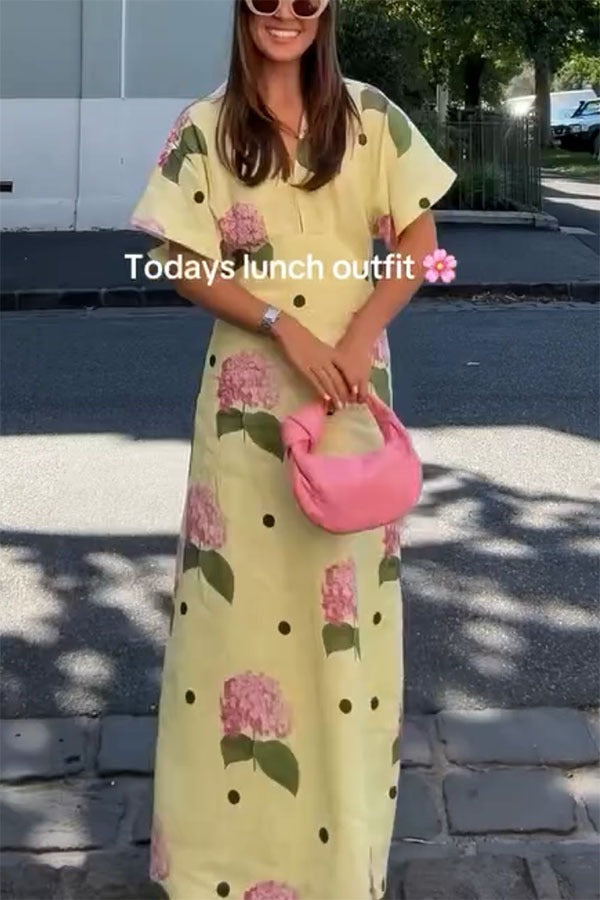 Jasmine Floral Polka Dot Linen-Blend Maxi Dress with Wide Sleeves