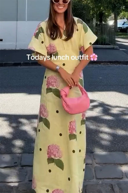 Jasmine Floral Polka Dot Linen-Blend Maxi Dress with Wide Sleeves