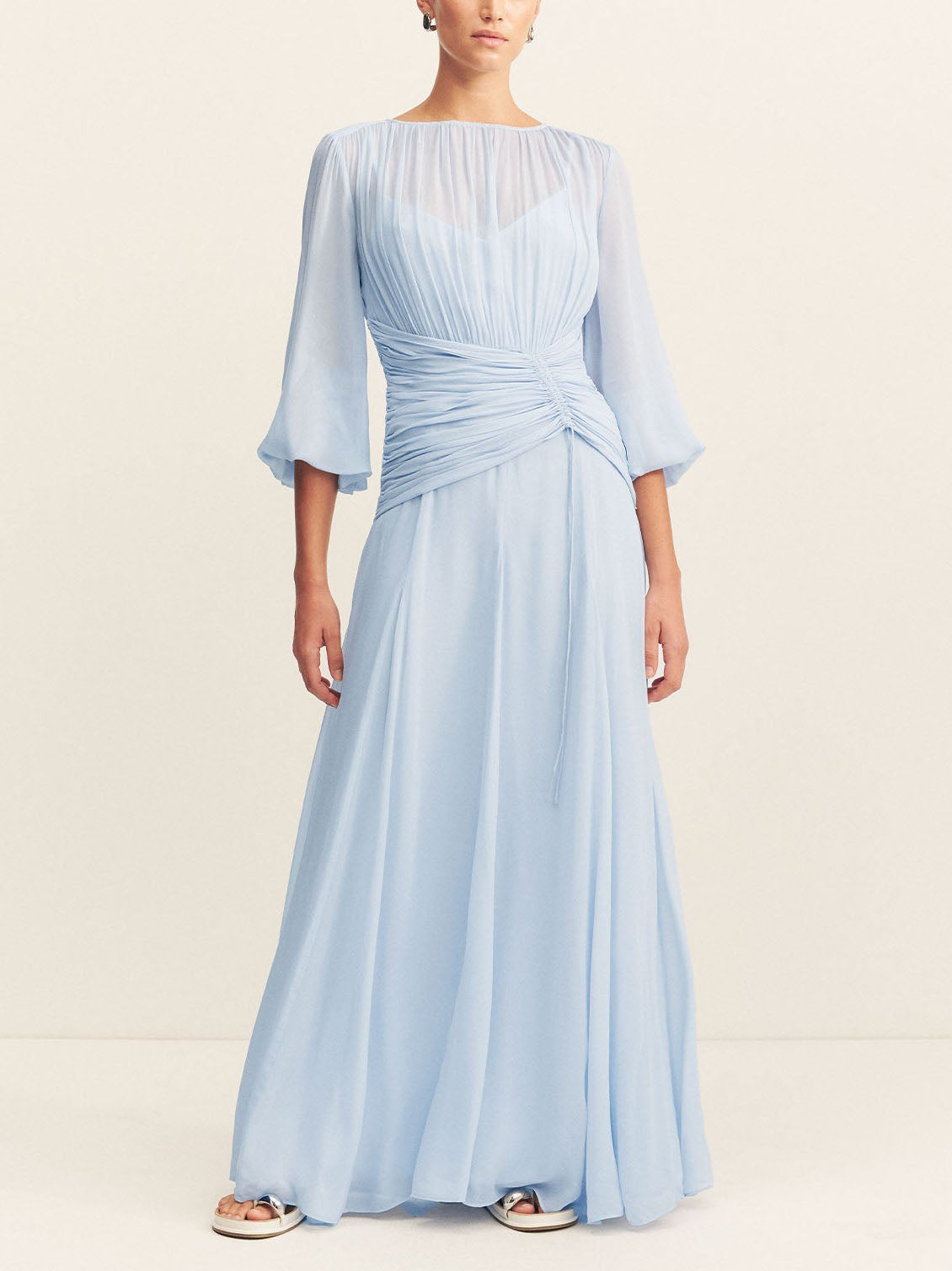 Elegant High-Neck Maxi Dress with Voluminous Balloon Sleeves
