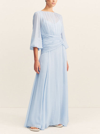 Elegant High-Neck Maxi Dress with Voluminous Balloon Sleeves
