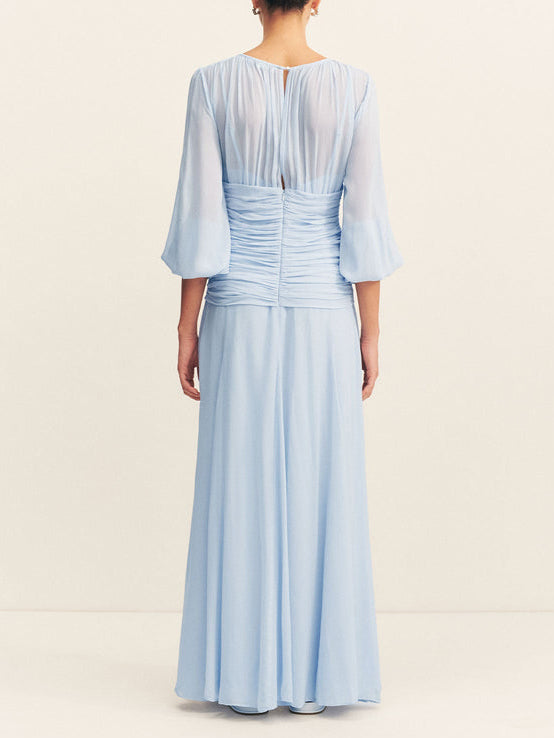 Elegant High-Neck Maxi Dress with Voluminous Balloon Sleeves