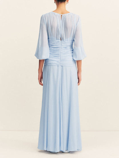 Elegant High-Neck Maxi Dress with Voluminous Balloon Sleeves