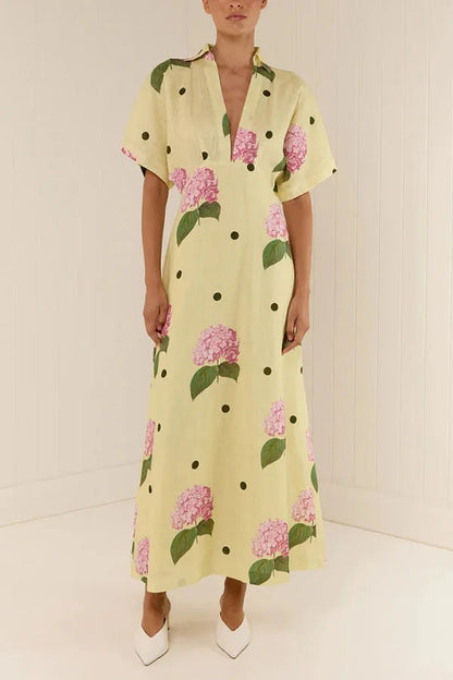 Jasmine Floral Polka Dot Linen-Blend Maxi Dress with Wide Sleeves