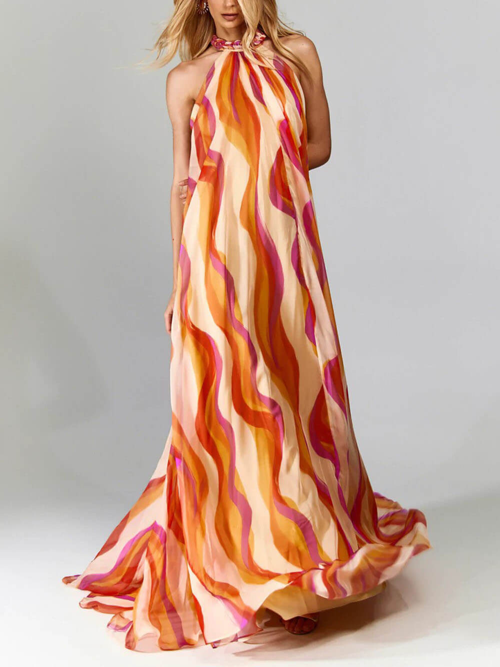 Elegant Braided Halterneck Wave-Print Maxi Dress