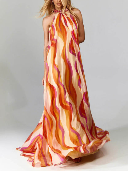 Elegant Braided Halterneck Wave-Print Maxi Dress