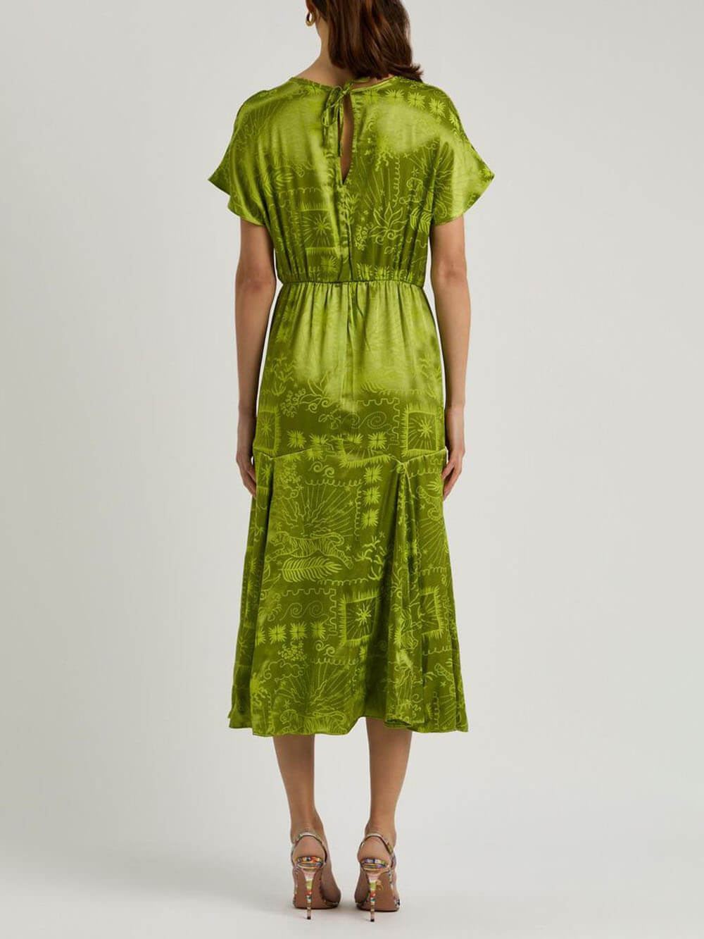 Elegant Satin Jacquard Print Midi Dress with a Unique Sophisticated Style