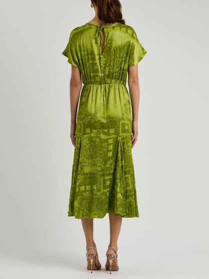 Elegant Satin Jacquard Print Midi Dress with a Unique Sophisticated Style