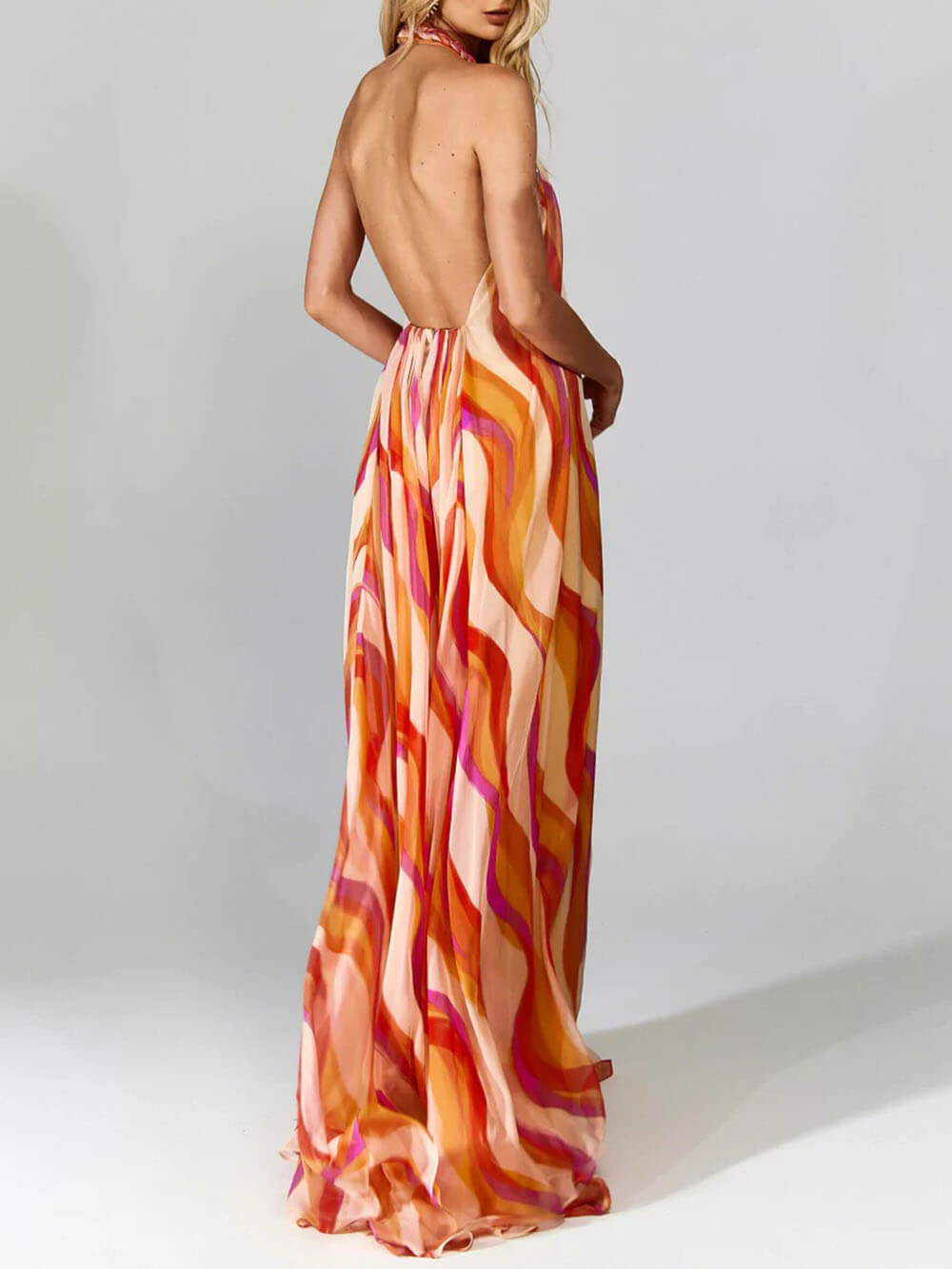 Elegant Braided Halterneck Wave-Print Maxi Dress