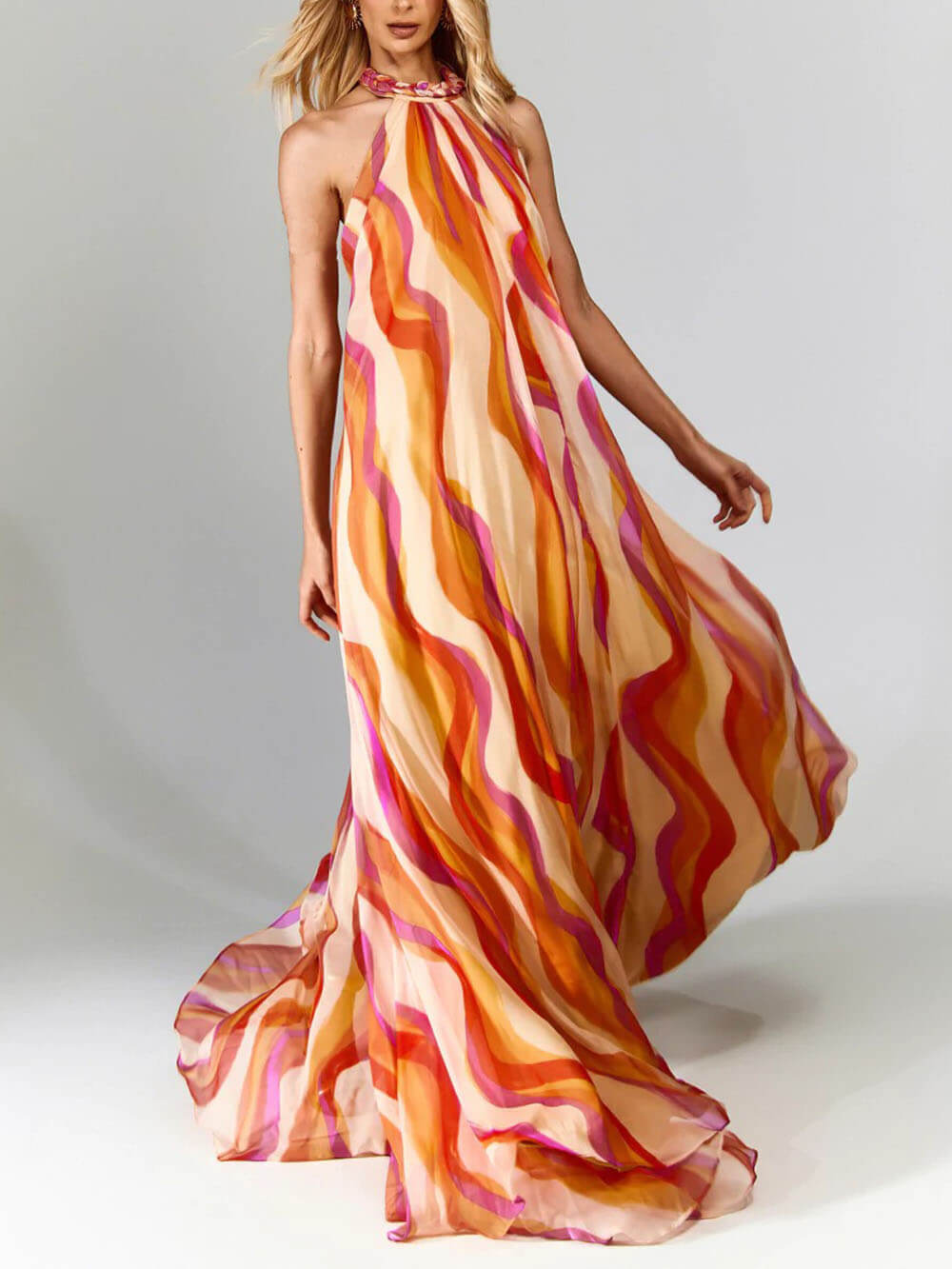 Elegant Braided Halterneck Wave-Print Maxi Dress