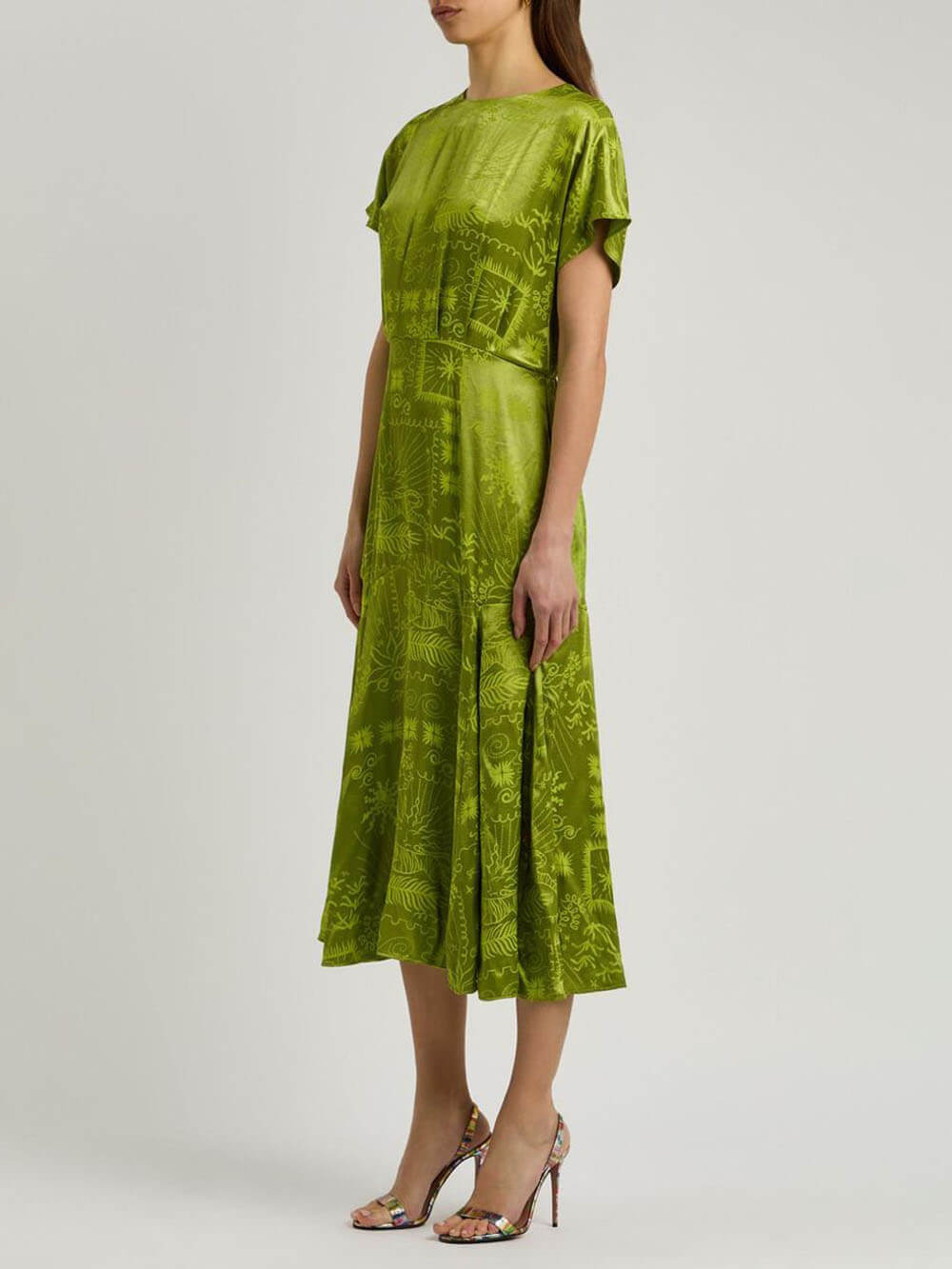 Elegant Satin Jacquard Print Midi Dress with a Unique Sophisticated Style