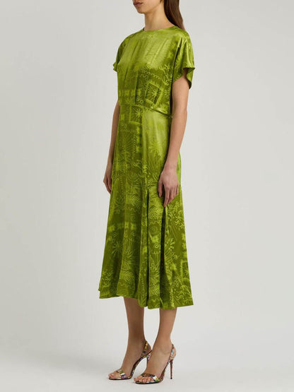 Elegant Satin Jacquard Print Midi Dress with a Unique Sophisticated Style