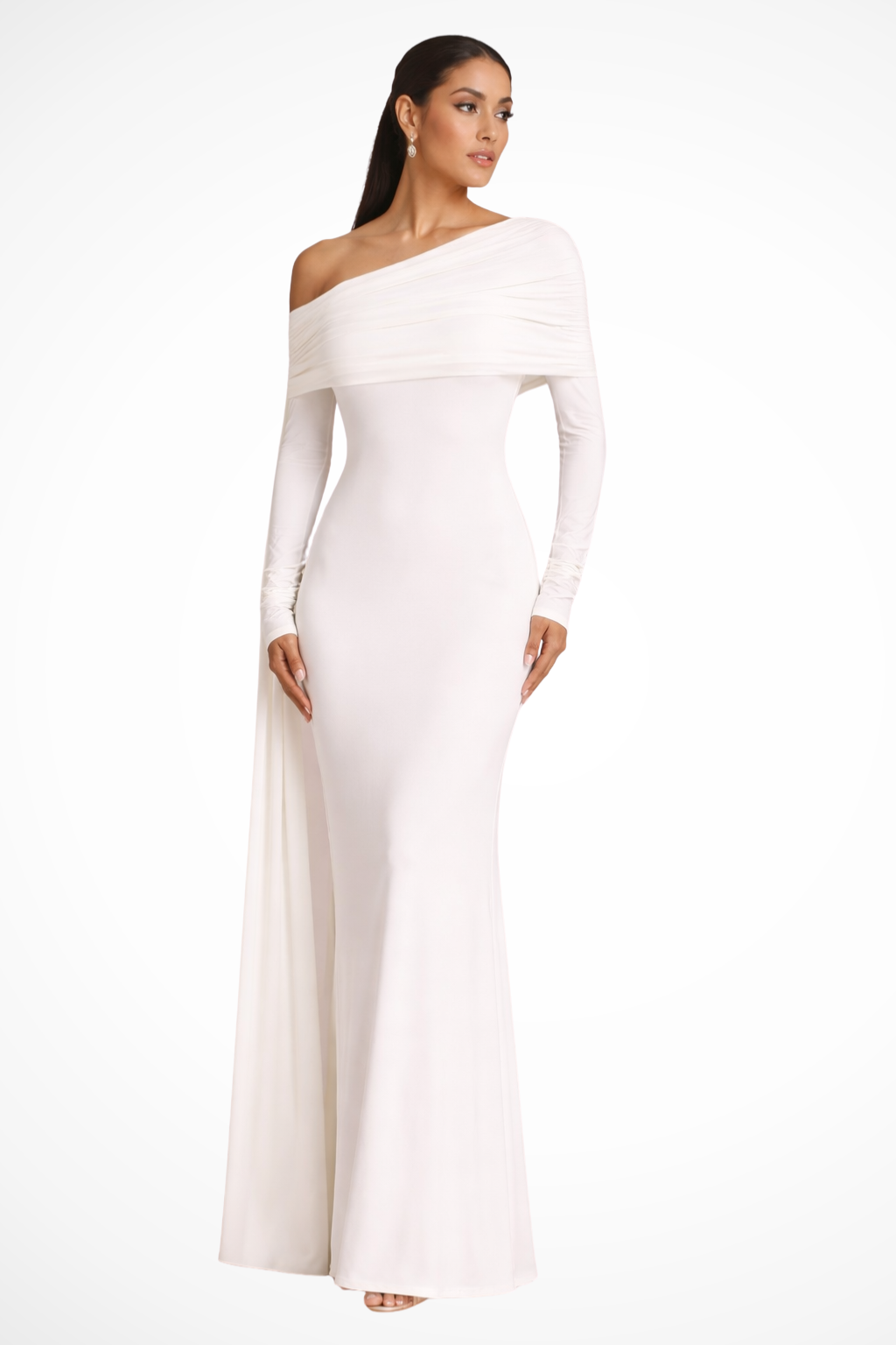 Octavia | Women's Elegant Draped One-Shoulder Cape-Sleeve Fitted Maxi Dress for Black-Tie Events