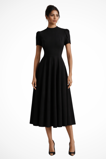 Harriet | Women's Mock-Neck Puff-Sleeve Fitted A-Line Midi Occasion Dress