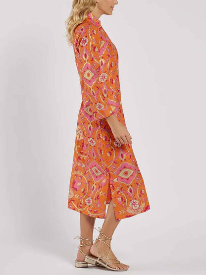 Stand-Collar Printed Midi Dress