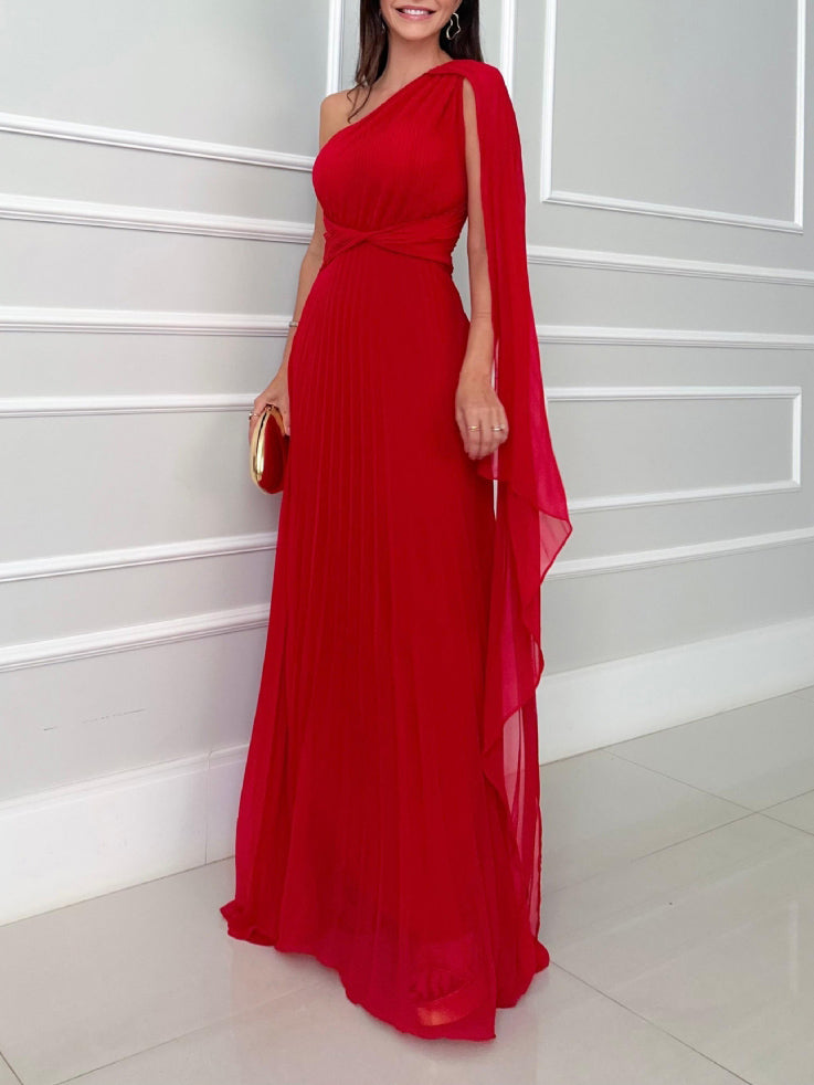 Elegant Pleated Off-the-Shoulder Flowing Maxi Dress