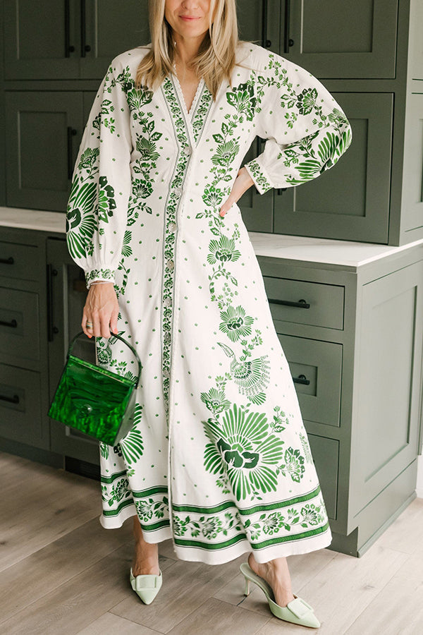 Unique Printed Button-Down Long-Sleeve Maxi Shirt Dress