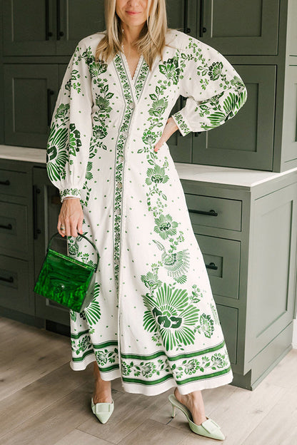 Unique Printed Button-Down Long-Sleeve Maxi Shirt Dress