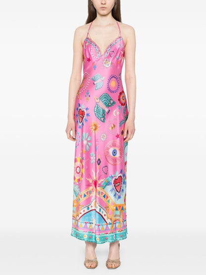 Chain-Detail Satin Slip Midi Dress