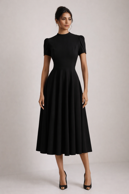 Harriet | Women's Mock-Neck Puff-Sleeve Fitted A-Line Midi Occasion Dress