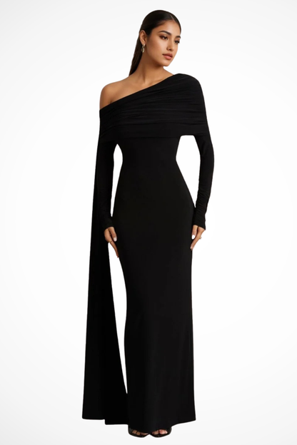 Octavia | Women's Elegant Draped One-Shoulder Cape-Sleeve Fitted Maxi Dress for Black-Tie Events