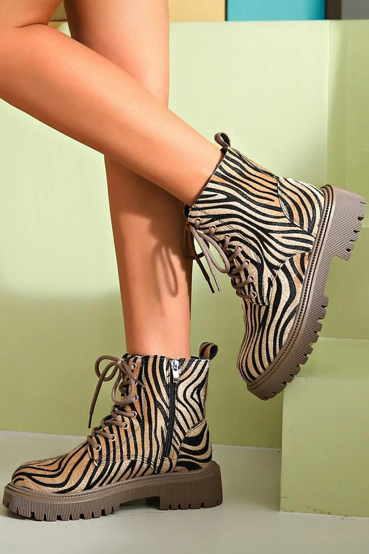 Bellona | Women's Zebra Print Lace-Up Ankle Boots