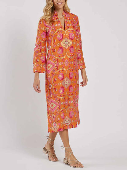Stand-Collar Printed Midi Dress