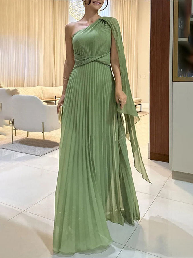 Elegant Pleated Off-the-Shoulder Flowing Maxi Dress