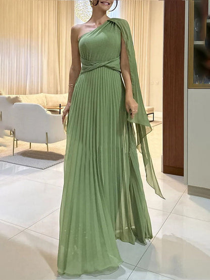 Elegant Pleated Off-the-Shoulder Flowing Maxi Dress