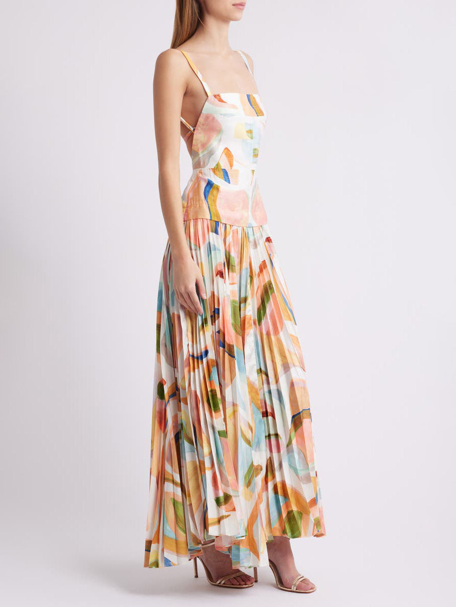 Unique Abstract Print Pleated Maxi Dress with Open Back