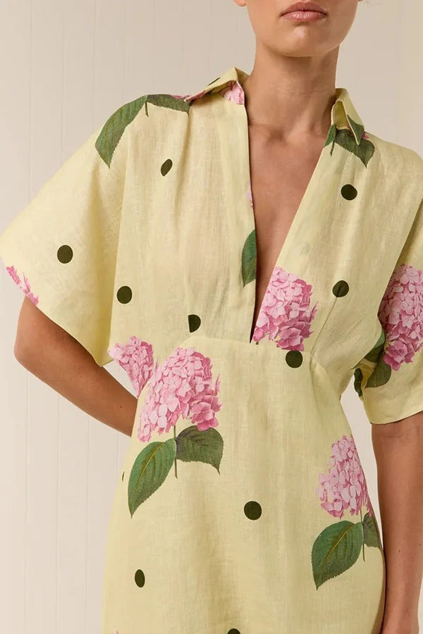 Jasmine Floral Polka Dot Linen-Blend Maxi Dress with Wide Sleeves