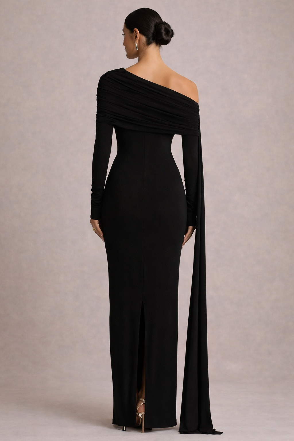 Octavia | Women's Elegant Draped One-Shoulder Cape-Sleeve Fitted Maxi Dress for Black-Tie Events