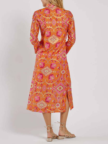 Stand-Collar Printed Midi Dress