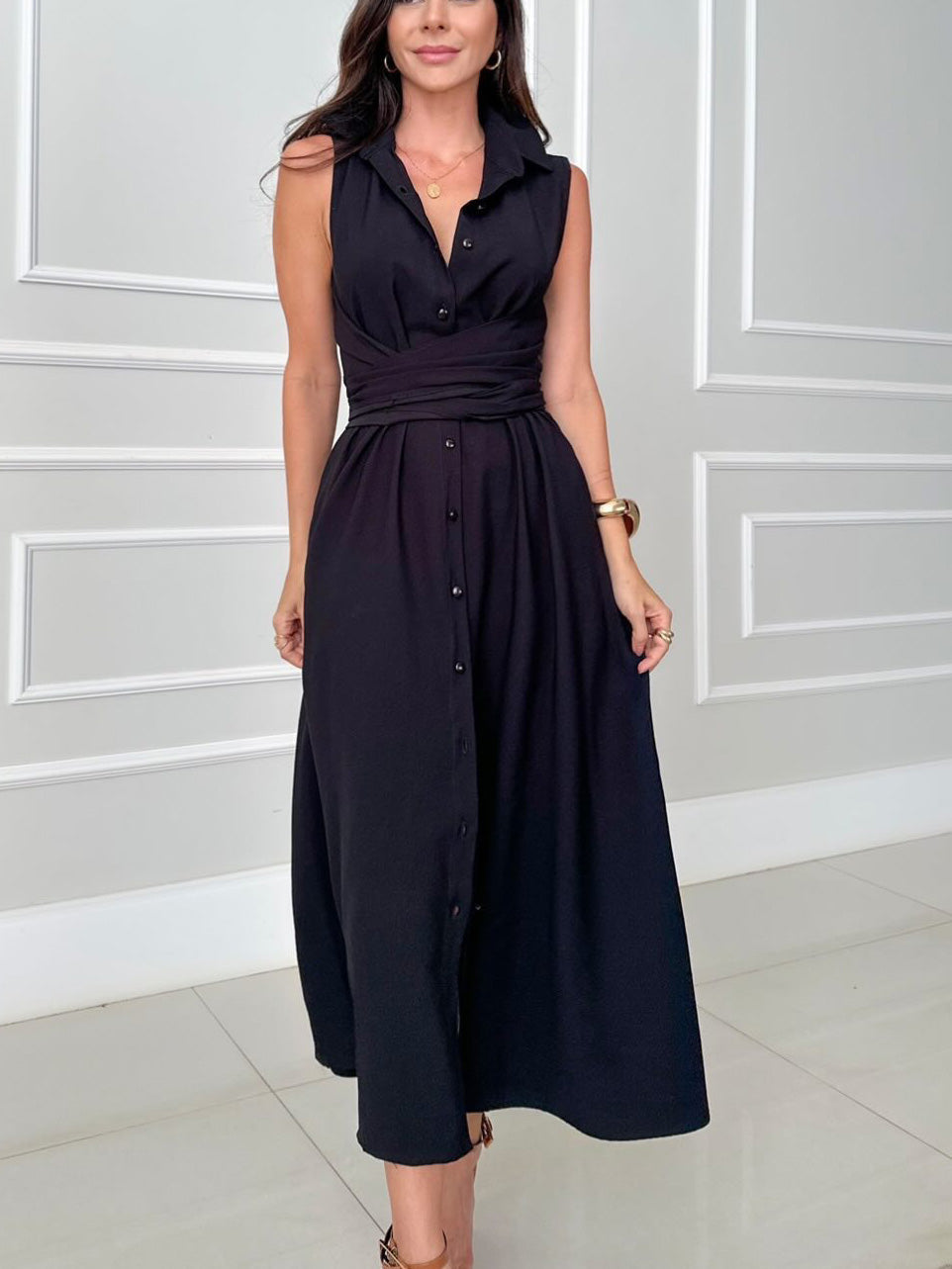 Unique Shirt-Style Single-Breasted Tie-Waist Midi Dress